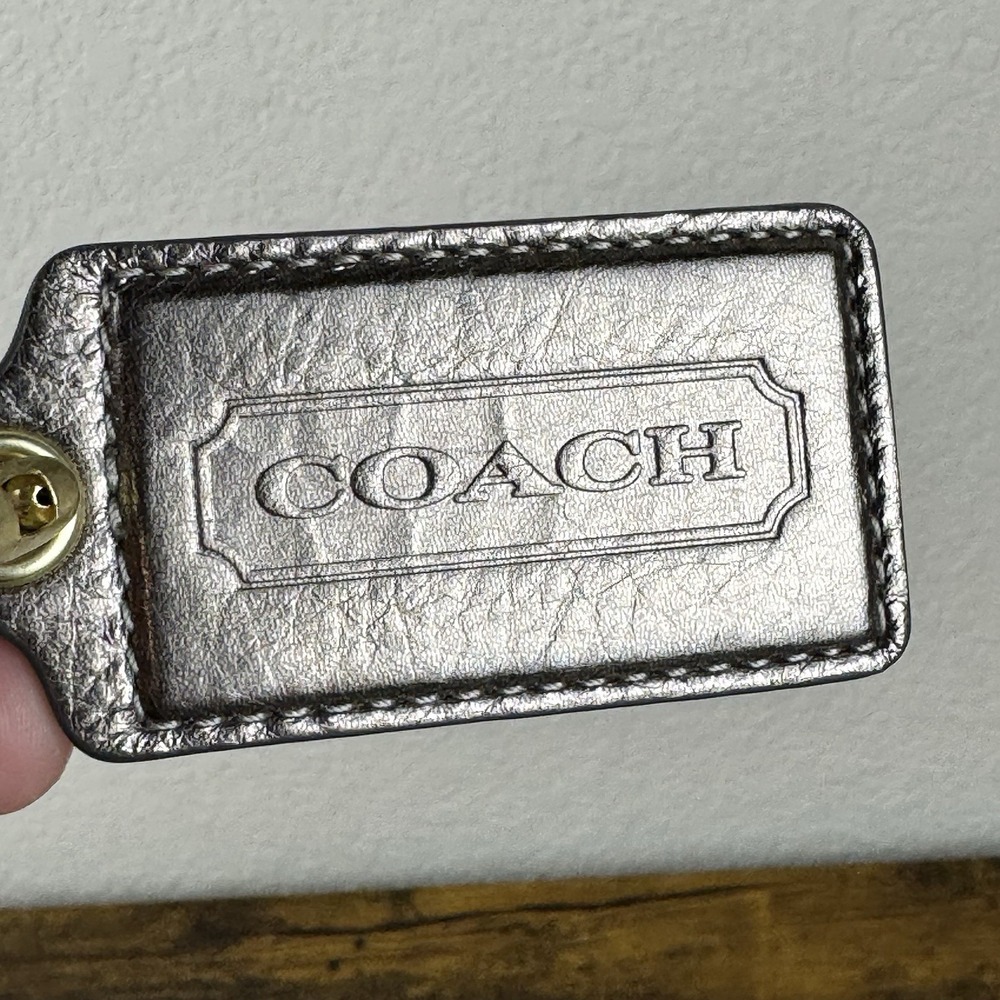 Coach Metallic Bronze Leather Hangtag Keychain Gold Ball Chain Bag Charm Large
